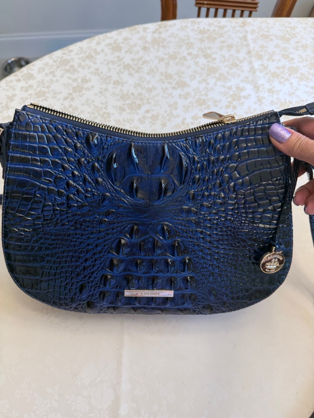 Brahmin Shayna  Deep Navy Croc-Embossed Leather Shoulder Bag